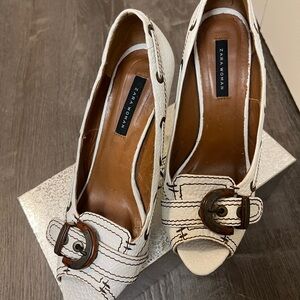 Zara Cream Buckle Peep-Toe Heels
